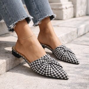 Vince Camuto W-Mareta Gingham Bow Mule Flats Black White 7M